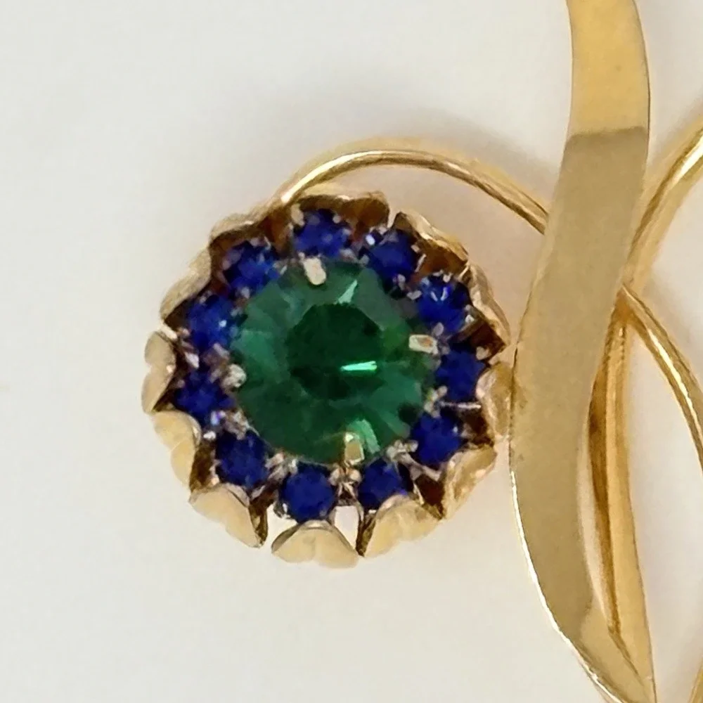 Vintage Green And Blue Rhinestone Goldtone Flower Brooch 2-1/2